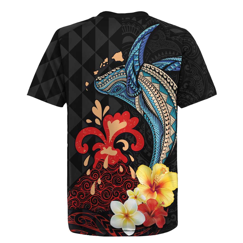 Hawaiian Whale and Volcanic Eruption Rugby Jersey Hibiscus and Kakau Pattern LT03 - Polynesian Pride