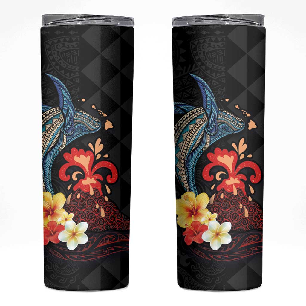 Hawaiian Whale and Volcanic Eruption Skinny Tumbler Hibiscus and Kakau Pattern LT03 Black - Polynesian Pride