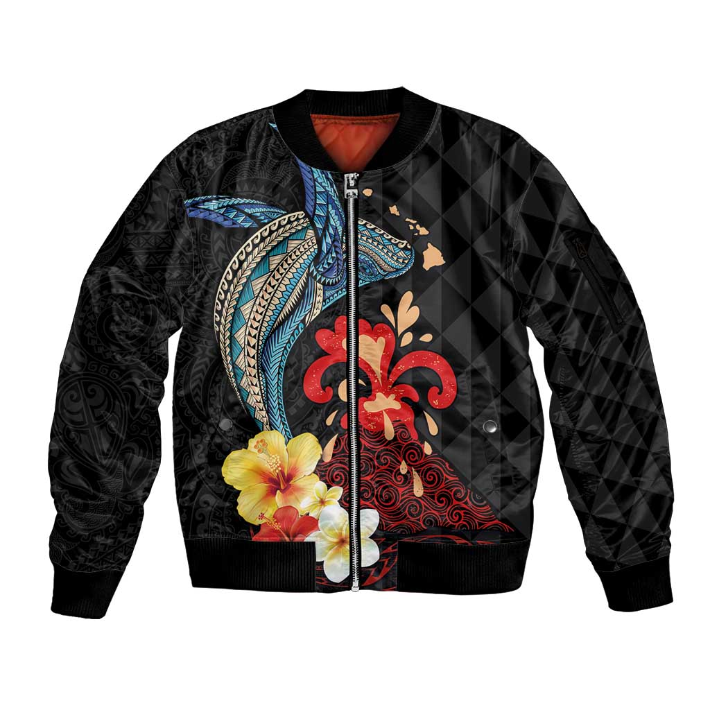 Hawaiian Whale and Volcanic Eruption Sleeve Zip Bomber Jacket Hibiscus and Kakau Pattern LT03 Unisex Black - Polynesian Pride