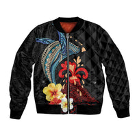 Hawaiian Whale and Volcanic Eruption Sleeve Zip Bomber Jacket Hibiscus and Kakau Pattern LT03 Unisex Black - Polynesian Pride