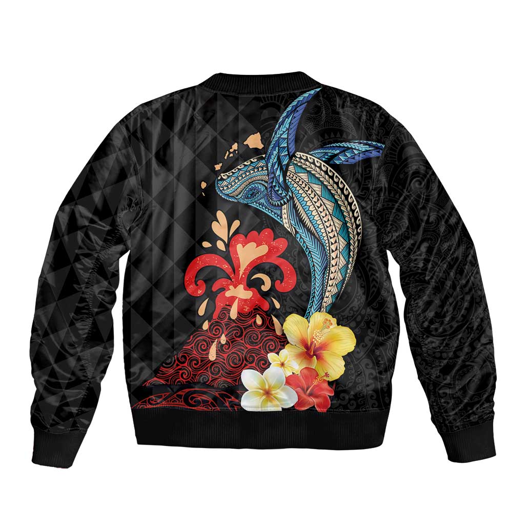 Hawaiian Whale and Volcanic Eruption Sleeve Zip Bomber Jacket Hibiscus and Kakau Pattern LT03 - Polynesian Pride