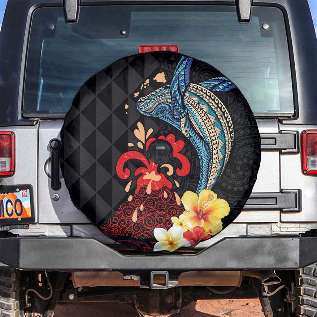 Hawaiian Whale and Volcanic Eruption Spare Tire Cover Hibiscus and Kakau Pattern