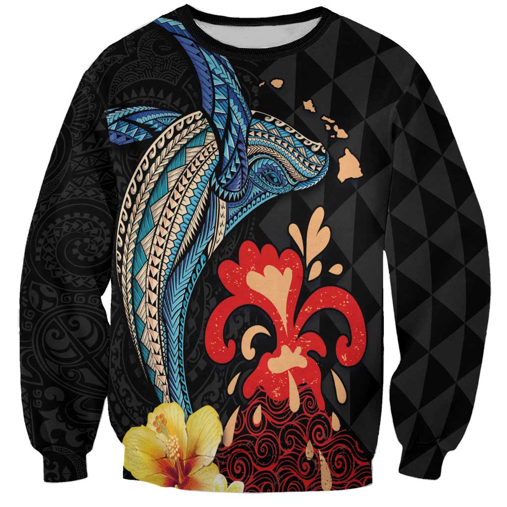 Hawaiian Whale and Volcanic Eruption Sweatshirt Hibiscus and Kakau Pattern LT03 Unisex Black - Polynesian Pride