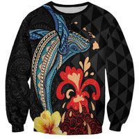 Hawaiian Whale and Volcanic Eruption Sweatshirt Hibiscus and Kakau Pattern LT03 Unisex Black - Polynesian Pride