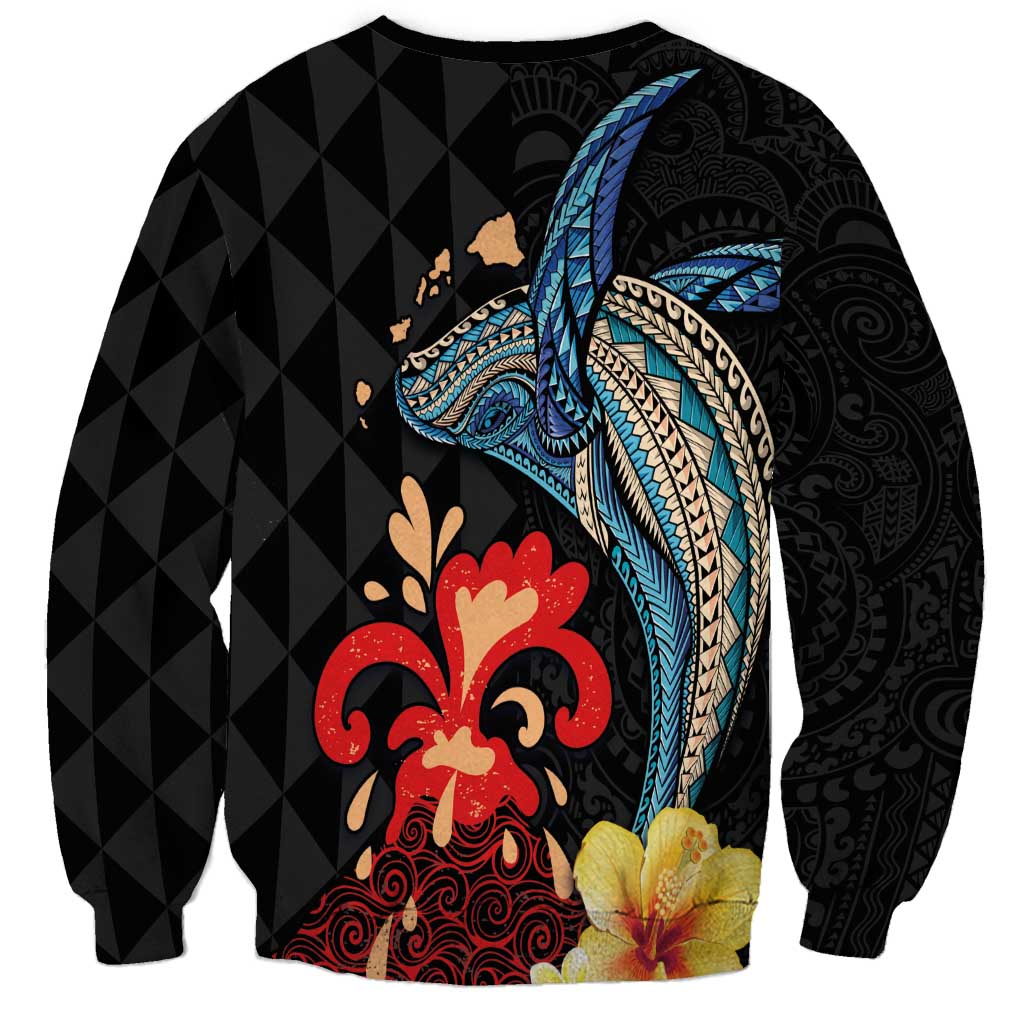 Hawaiian Whale and Volcanic Eruption Sweatshirt Hibiscus and Kakau Pattern LT03 - Polynesian Pride