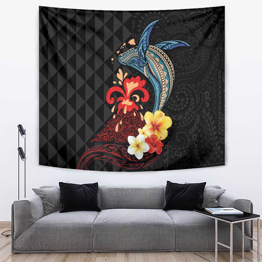 Hawaiian Whale and Volcanic Eruption Tapestry Hibiscus and Kakau Pattern LT03 Black - Polynesian Pride