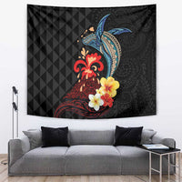 Hawaiian Whale and Volcanic Eruption Tapestry Hibiscus and Kakau Pattern LT03 Black - Polynesian Pride