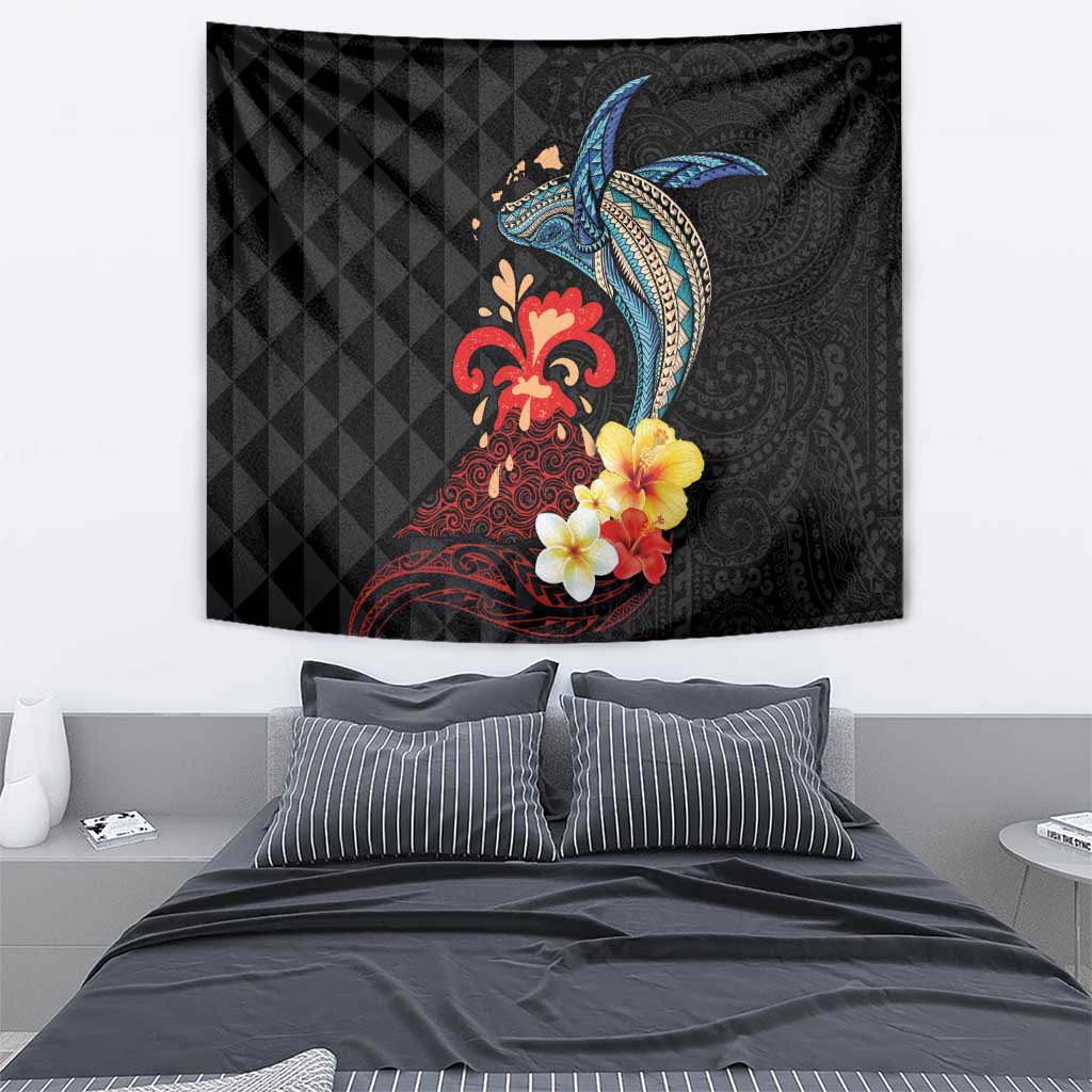 Hawaiian Whale and Volcanic Eruption Tapestry Hibiscus and Kakau Pattern LT03 - Polynesian Pride