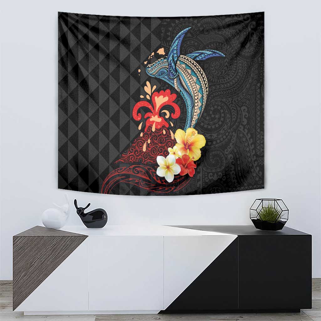 Hawaiian Whale and Volcanic Eruption Tapestry Hibiscus and Kakau Pattern LT03 - Polynesian Pride