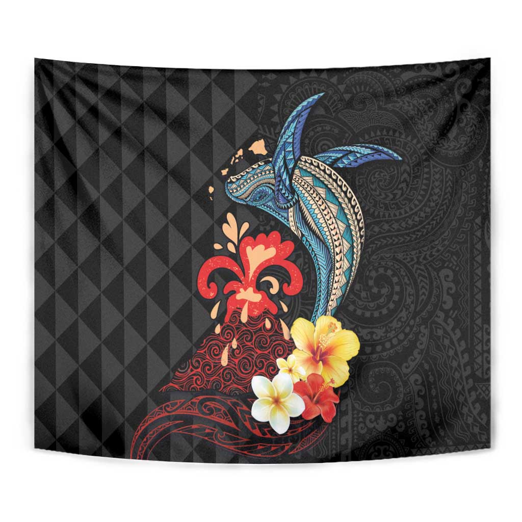 Hawaiian Whale and Volcanic Eruption Tapestry Hibiscus and Kakau Pattern LT03 - Polynesian Pride