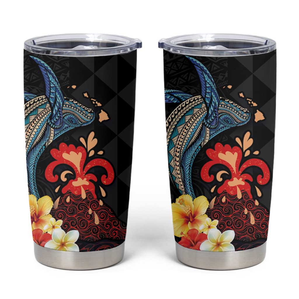Hawaiian Whale and Volcanic Eruption Tumbler Cup Hibiscus and Kakau Pattern LT03 Black - Polynesian Pride