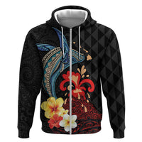 Hawaiian Whale and Volcanic Eruption Zip Hoodie Hibiscus and Kakau Pattern LT03 Zip Hoodie Black - Polynesian Pride
