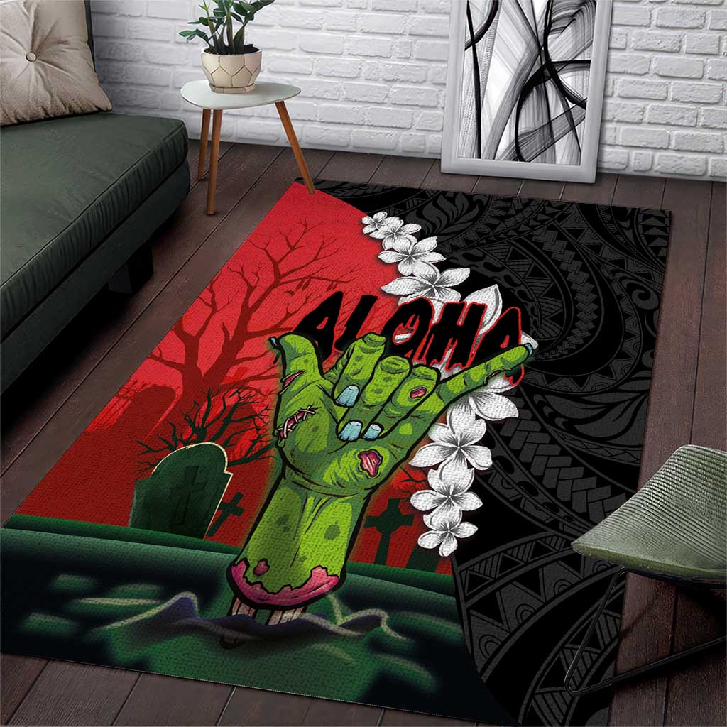 Hawaiian Halloween Area Rug Horror Shaka Hand with Plumeria and Polynesian Tattoo Blood Color