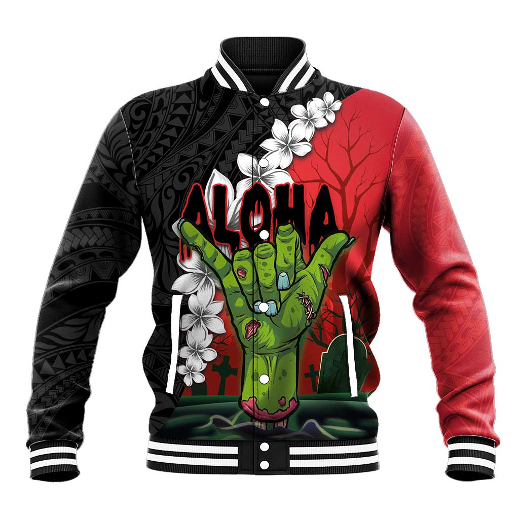 Hawaiian Halloween Baseball Jacket Horror Shaka Hand with Plumeria and Polynesian Tattoo Blood Color LT03 Unisex Red - Polynesian Pride