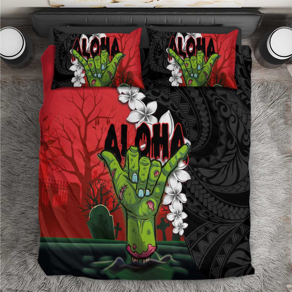 Hawaiian Halloween Bedding Set Horror Shaka Hand with Plumeria and Polynesian Tattoo Blood Color LT03 Red - Polynesian Pride