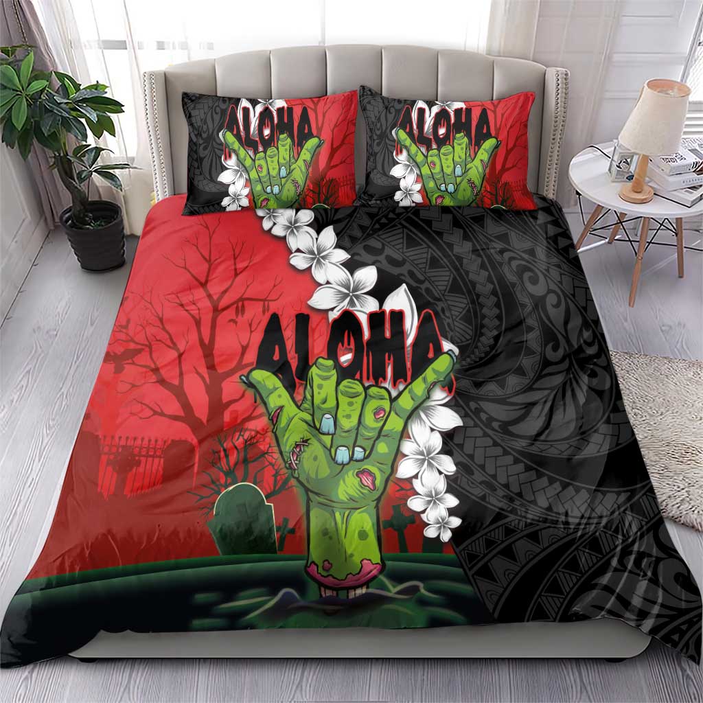 Hawaiian Halloween Bedding Set Horror Shaka Hand with Plumeria and Polynesian Tattoo Blood Color LT03 - Polynesian Pride