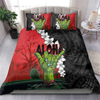 Hawaiian Halloween Bedding Set Horror Shaka Hand with Plumeria and Polynesian Tattoo Blood Color LT03 - Polynesian Pride