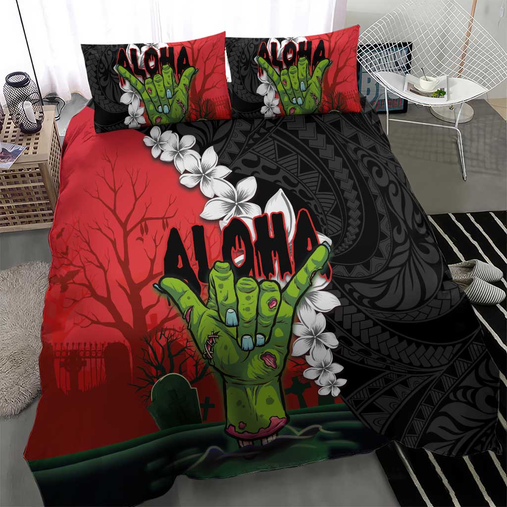 Hawaiian Halloween Bedding Set Horror Shaka Hand with Plumeria and Polynesian Tattoo Blood Color LT03 - Polynesian Pride