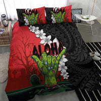 Hawaiian Halloween Bedding Set Horror Shaka Hand with Plumeria and Polynesian Tattoo Blood Color LT03 - Polynesian Pride