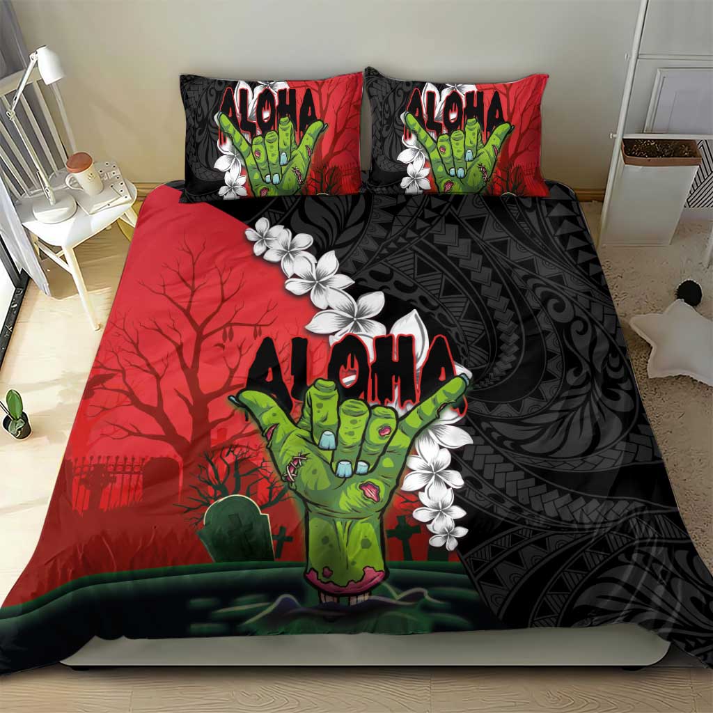 Hawaiian Halloween Bedding Set Horror Shaka Hand with Plumeria and Polynesian Tattoo Blood Color LT03 - Polynesian Pride