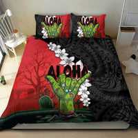 Hawaiian Halloween Bedding Set Horror Shaka Hand with Plumeria and Polynesian Tattoo Blood Color LT03 - Polynesian Pride