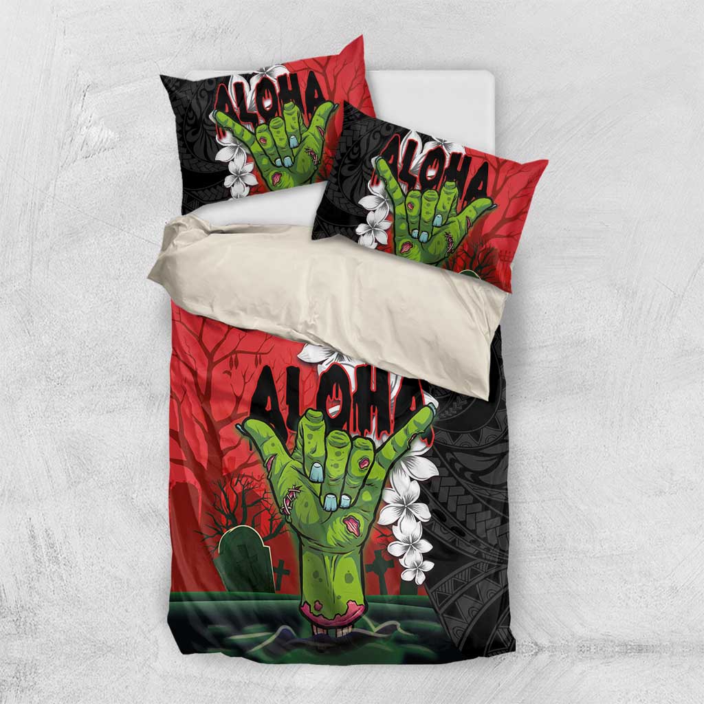 Hawaiian Halloween Bedding Set Horror Shaka Hand with Plumeria and Polynesian Tattoo Blood Color LT03 US Twin 172cm x 218cm Red - Polynesian Pride