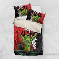 Hawaiian Halloween Bedding Set Horror Shaka Hand with Plumeria and Polynesian Tattoo Blood Color LT03 US Twin 172cm x 218cm Red - Polynesian Pride