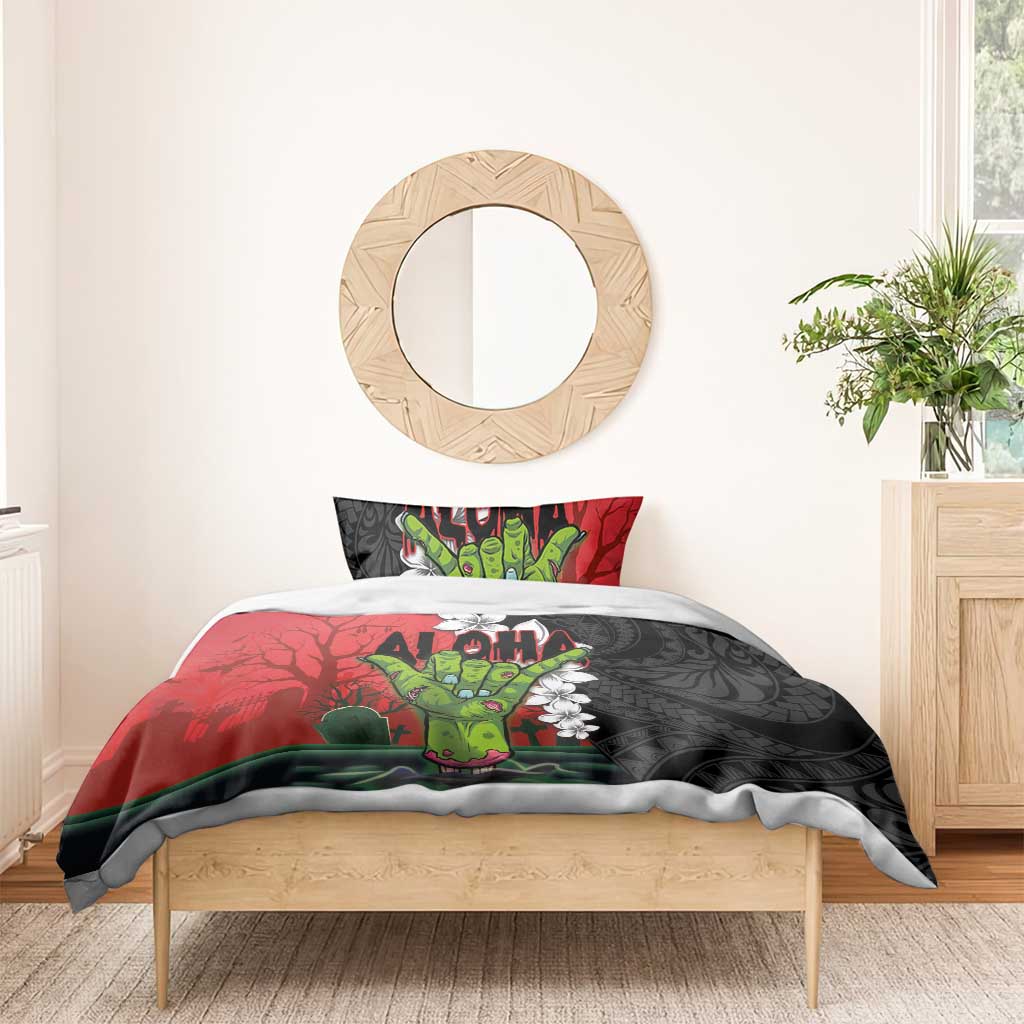 Hawaiian Halloween Bedding Set Horror Shaka Hand with Plumeria and Polynesian Tattoo Blood Color LT03 - Polynesian Pride