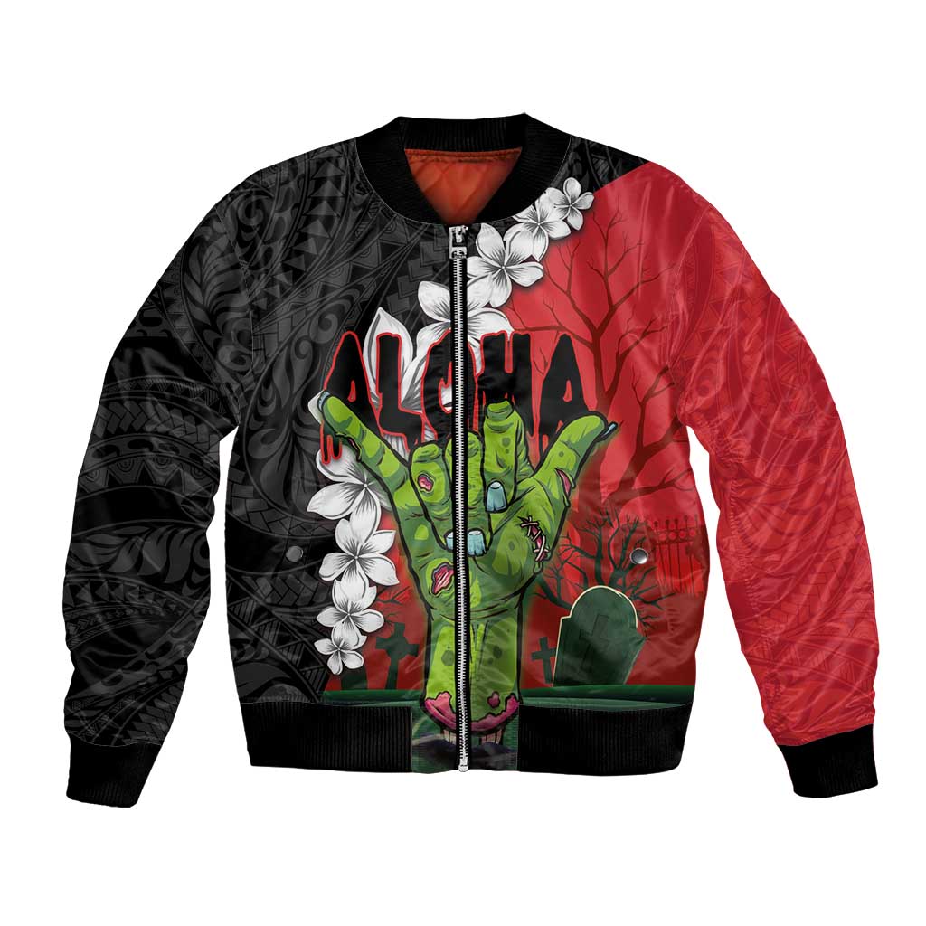 Hawaiian Halloween Bomber Jacket Horror Shaka Hand with Plumeria and Polynesian Tattoo Blood Color LT03 Unisex Red - Polynesian Pride