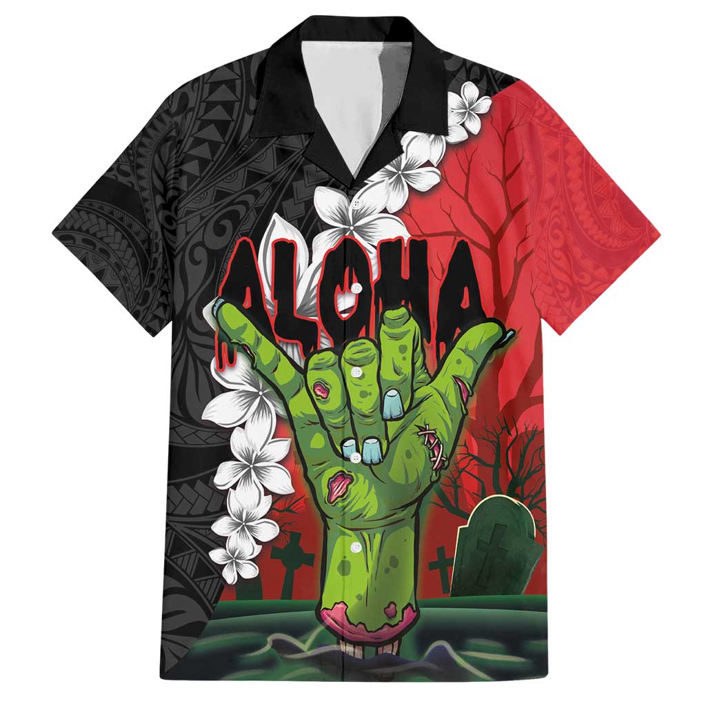 Hawaiian Halloween Hawaiian Shirt Horror Shaka Hand with Plumeria and Polynesian Tattoo Blood Color LT03 Red - Polynesian Pride