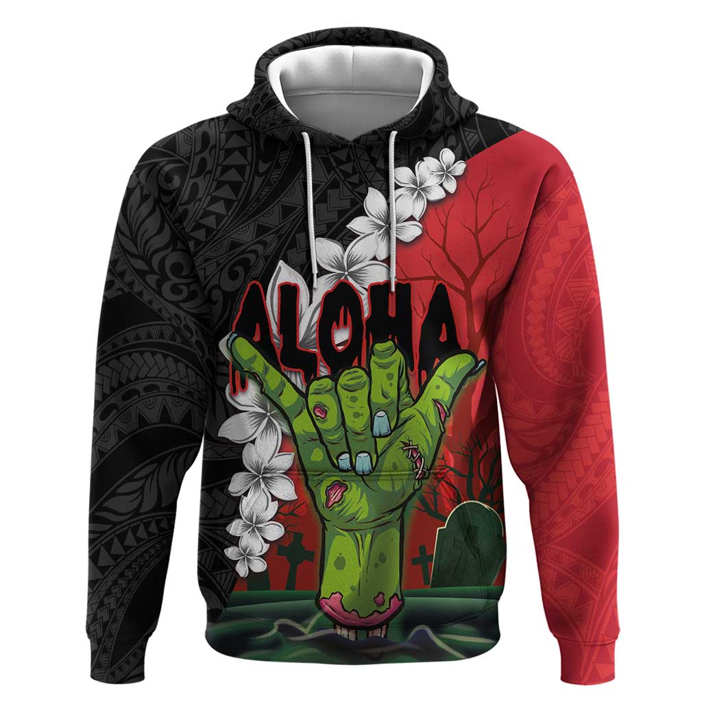 Hawaiian Halloween Hoodie Horror Shaka Hand with Plumeria and Polynesian Tattoo Blood Color LT03 Pullover Hoodie Red - Polynesian Pride