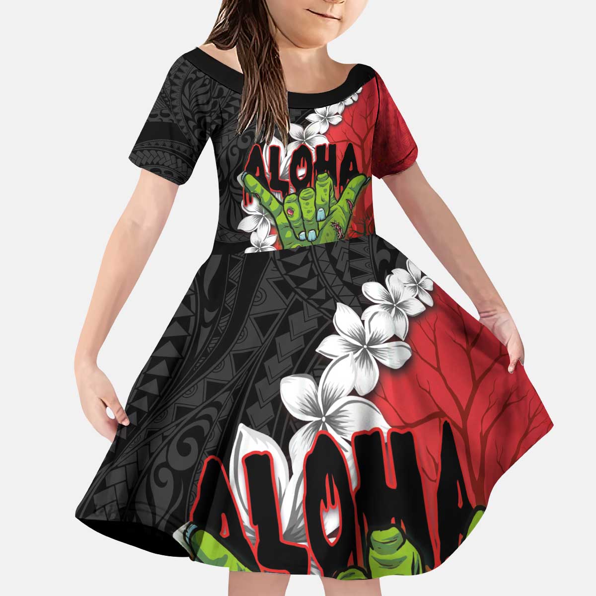 Hawaiian Halloween Kid Short Sleeve Dress Horror Shaka Hand with Plumeria and Polynesian Tattoo Blood Color LT03 KID Red - Polynesian Pride