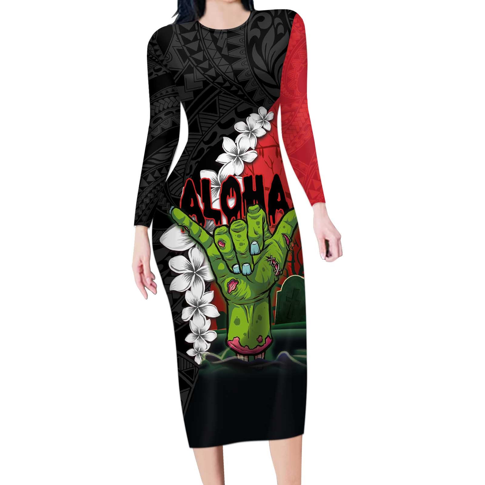Hawaiian Halloween Long Sleeve Bodycon Dress Horror Shaka Hand with Plumeria and Polynesian Tattoo Blood Color LT03 Long Dress Red - Polynesian Pride