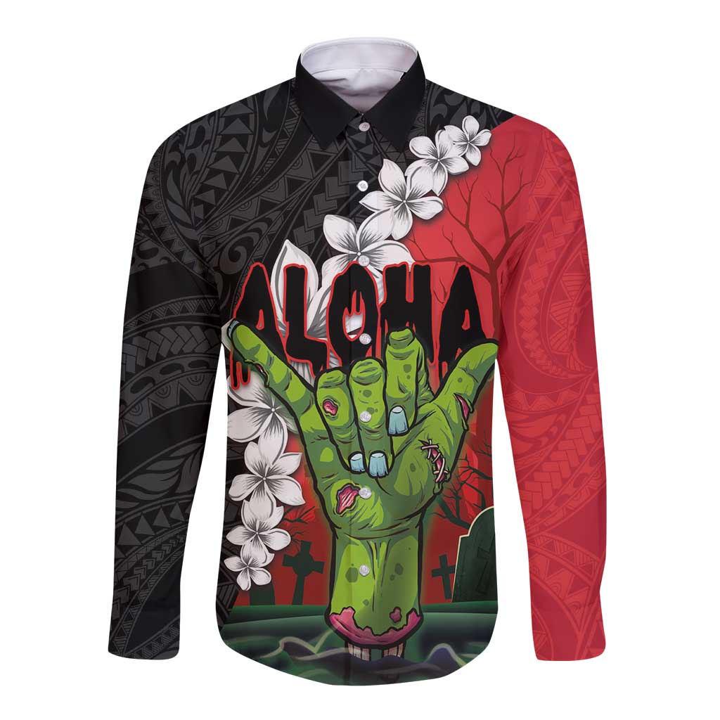 Hawaiian Halloween Long Sleeve Button Shirt Horror Shaka Hand with Plumeria and Polynesian Tattoo Blood Color LT03 Unisex Red - Polynesian Pride
