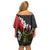 Hawaiian Halloween Off Shoulder Short Dress Horror Shaka Hand with Plumeria and Polynesian Tattoo Blood Color