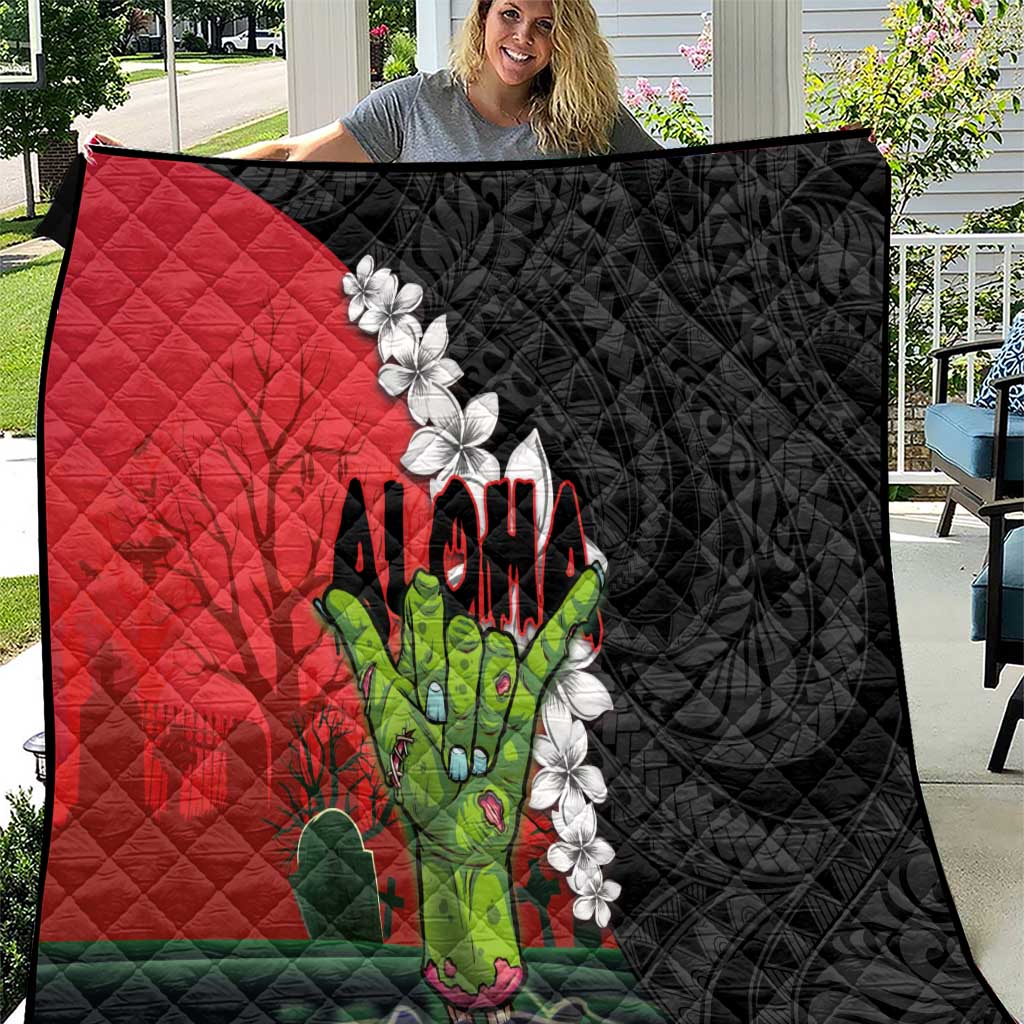 Hawaiian Halloween Quilt Horror Shaka Hand with Plumeria and Polynesian Tattoo Blood Color