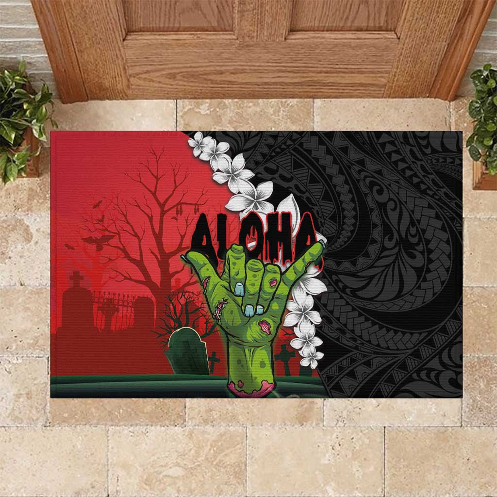 Hawaiian Halloween Rubber Doormat Horror Shaka Hand with Plumeria and Polynesian Tattoo Blood Color LT03 Red - Polynesian Pride