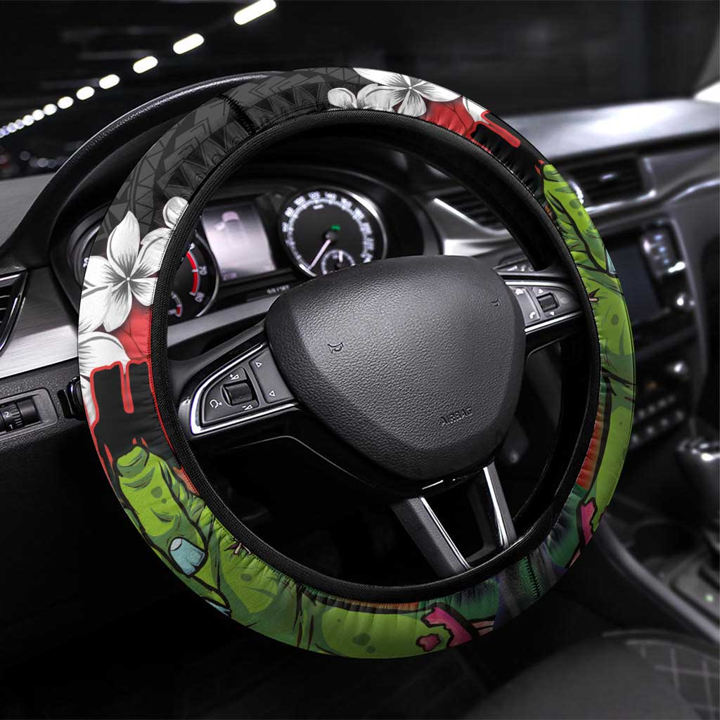 Hawaiian Halloween Steering Wheel Cover Horror Shaka Hand with Plumeria and Polynesian Tattoo Blood Color