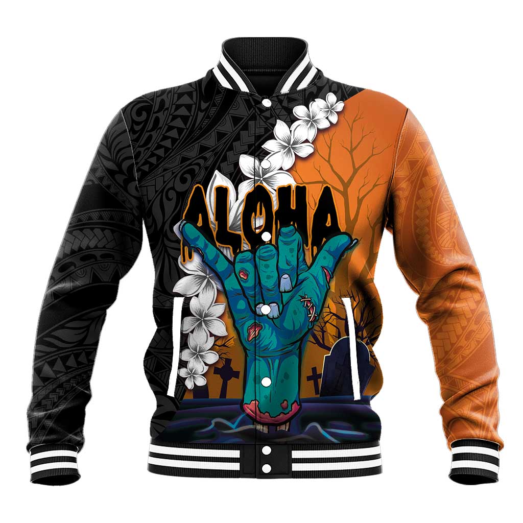 Hawaiian Halloween Baseball Jacket Horror Shaka Hand with Plumeria and Polynesian Tattoo Autumn Color LT03 Unisex Orange - Polynesian Pride