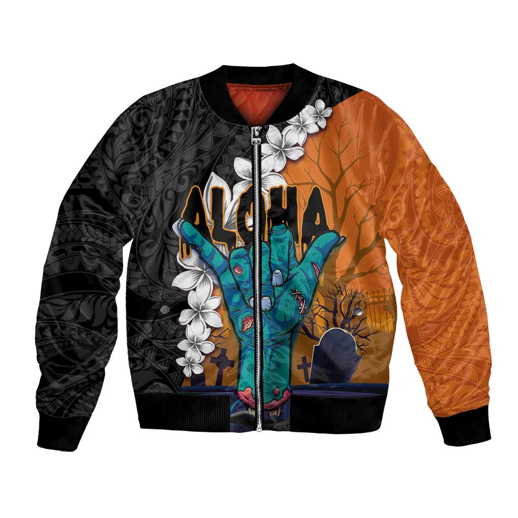 Hawaiian Halloween Bomber Jacket Horror Shaka Hand with Plumeria and Polynesian Tattoo Autumn Color LT03 Unisex Orange - Polynesian Pride