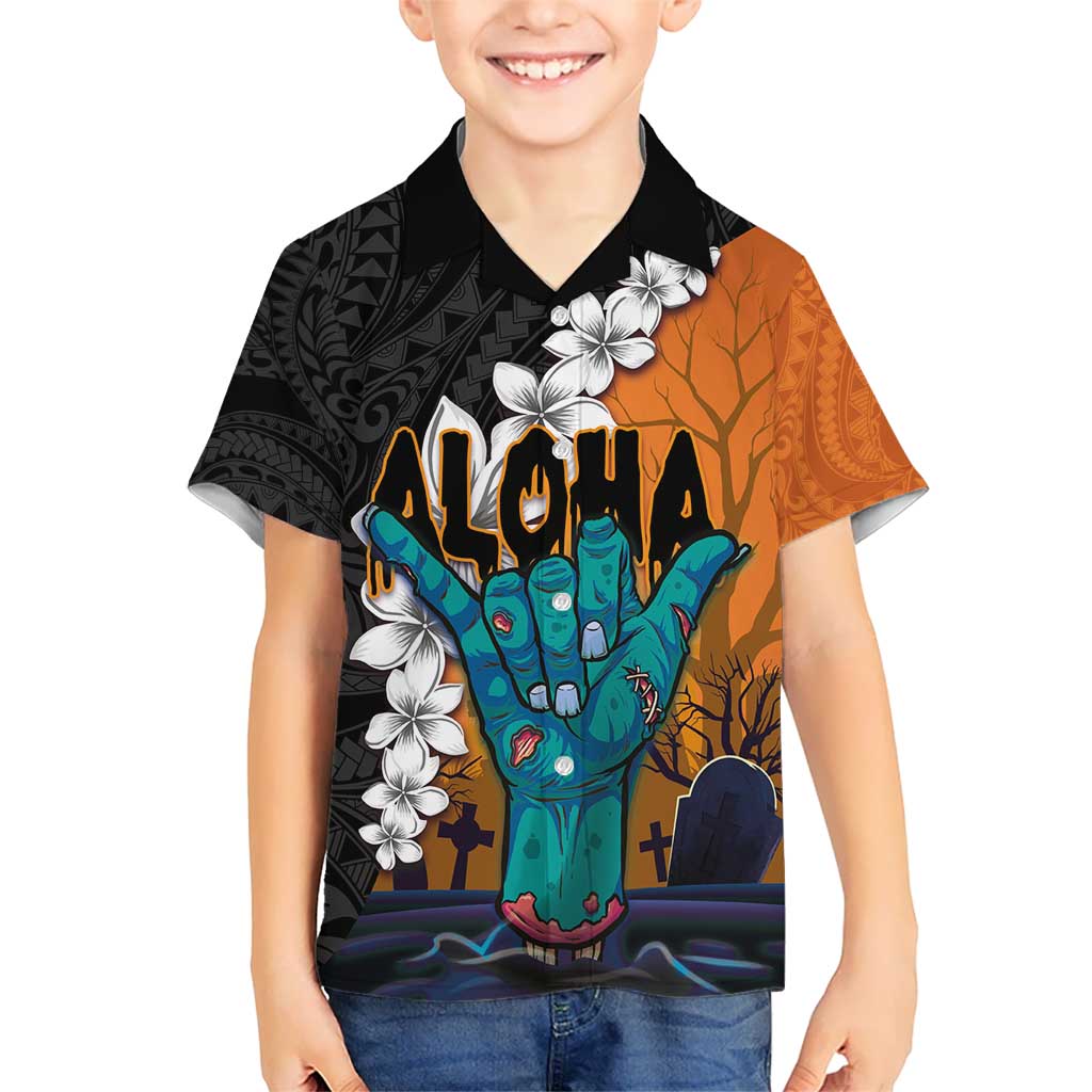 Hawaiian Halloween Kid Hawaiian Shirt Horror Shaka Hand with Plumeria and Polynesian Tattoo Autumn Color LT03 Kid Orange - Polynesian Pride