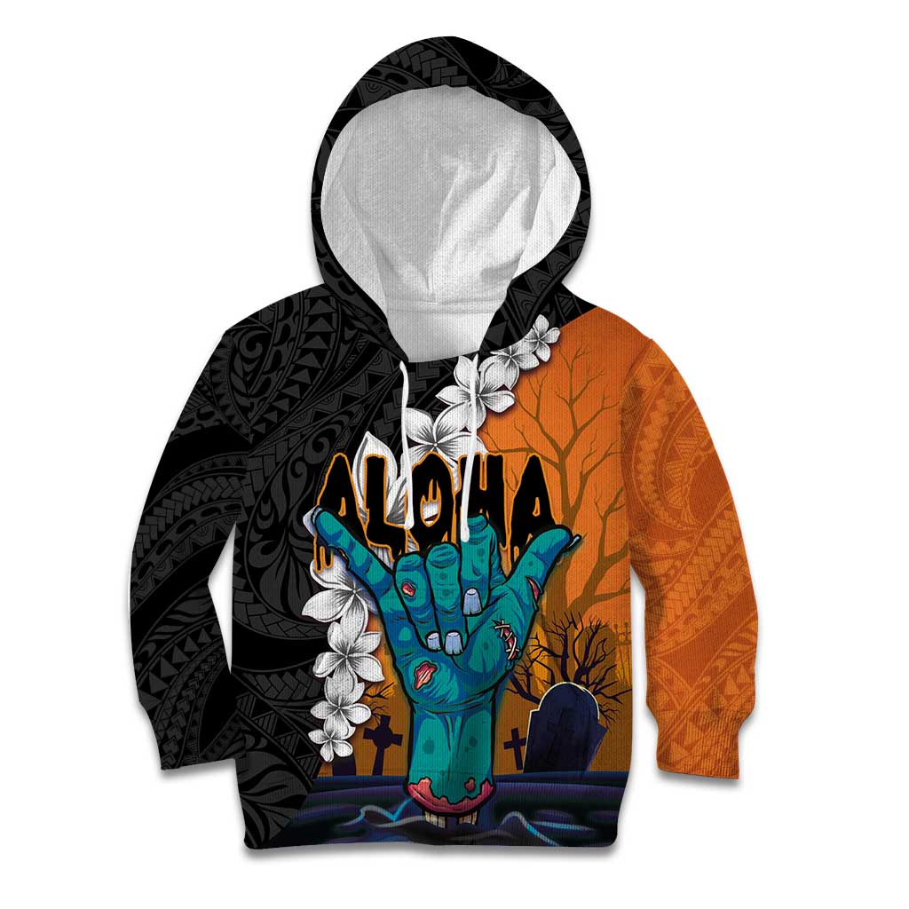 Hawaiian Halloween Kid Hoodie Horror Shaka Hand with Plumeria and Polynesian Tattoo Autumn Color LT03 Hoodie Orange - Polynesian Pride