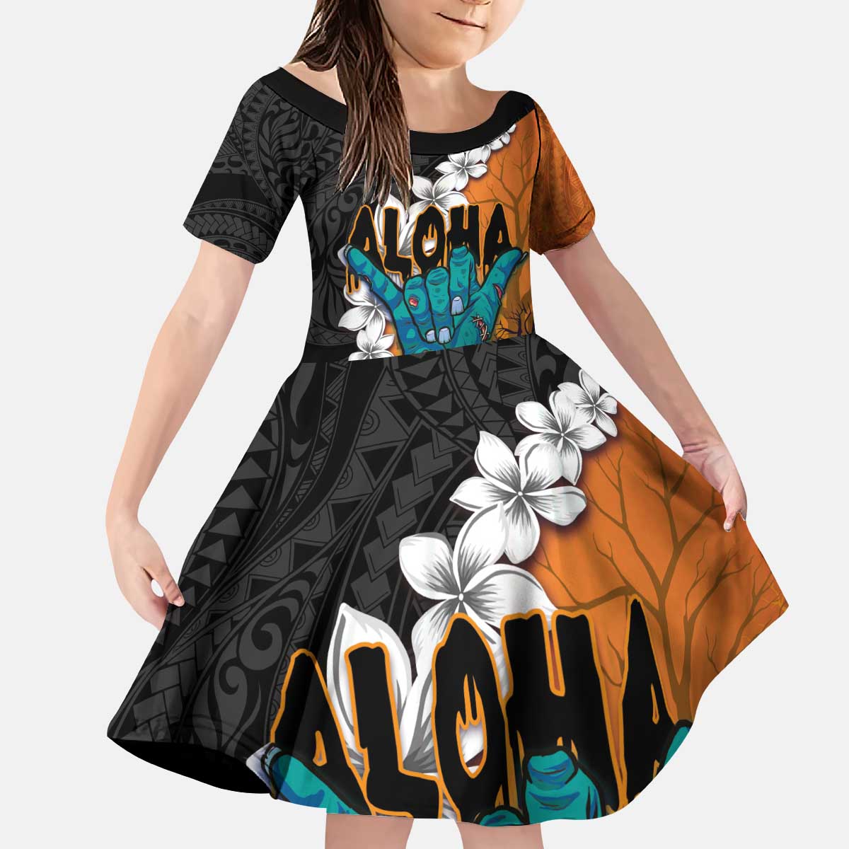 Hawaiian Halloween Kid Short Sleeve Dress Horror Shaka Hand with Plumeria and Polynesian Tattoo Autumn Color LT03 KID Orange - Polynesian Pride