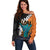 Hawaiian Halloween Off Shoulder Sweater Horror Shaka Hand with Plumeria and Polynesian Tattoo Autumn Color