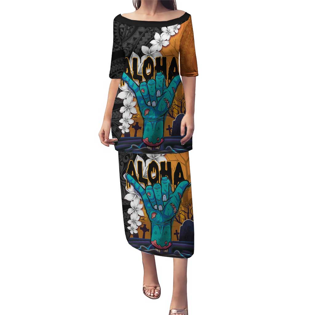 Hawaiian Halloween Puletasi Horror Shaka Hand with Plumeria and Polynesian Tattoo Autumn Color LT03 Long Dress Orange - Polynesian Pride