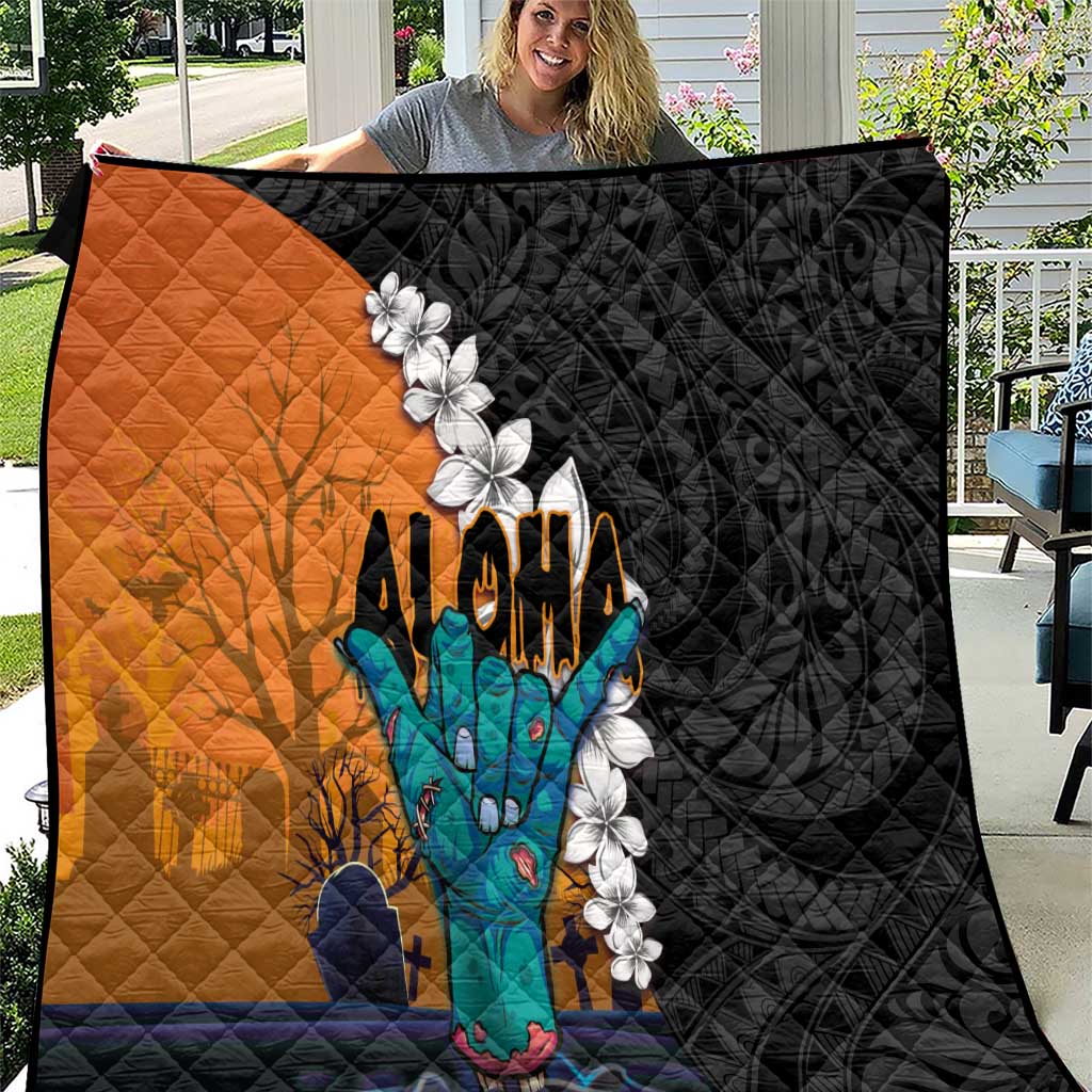 Hawaiian Halloween Quilt Horror Shaka Hand with Plumeria and Polynesian Tattoo Autumn Color