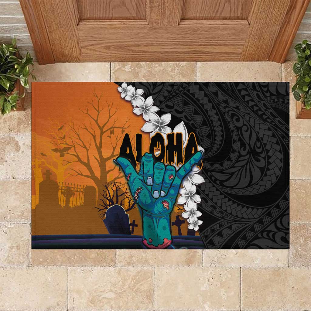 Hawaiian Halloween Rubber Doormat Horror Shaka Hand with Plumeria and Polynesian Tattoo Autumn Color LT03 Orange - Polynesian Pride