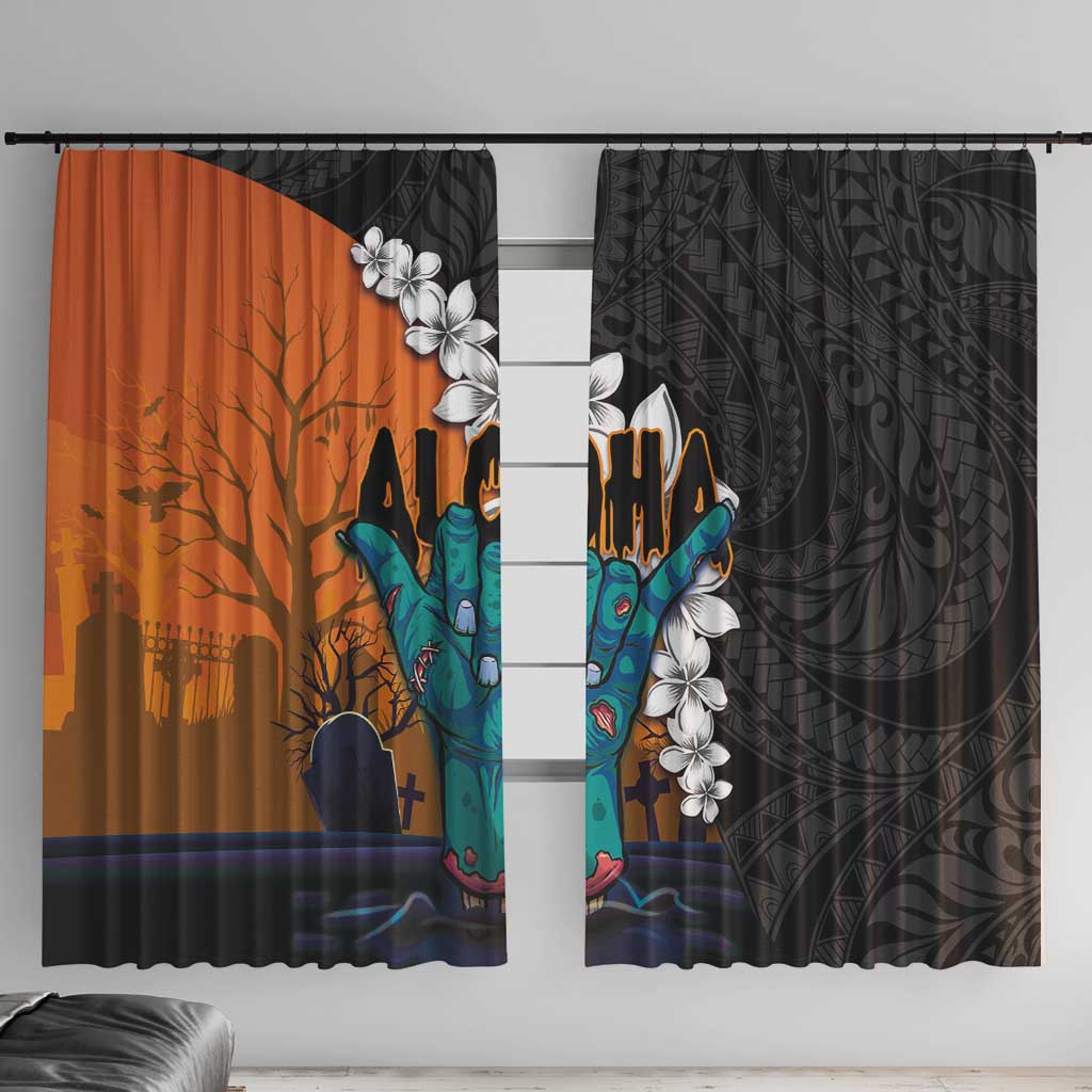 Hawaiian Halloween Window Curtain Horror Shaka Hand with Plumeria and Polynesian Tattoo Autumn Color LT03 With Hooks Orange - Polynesian Pride