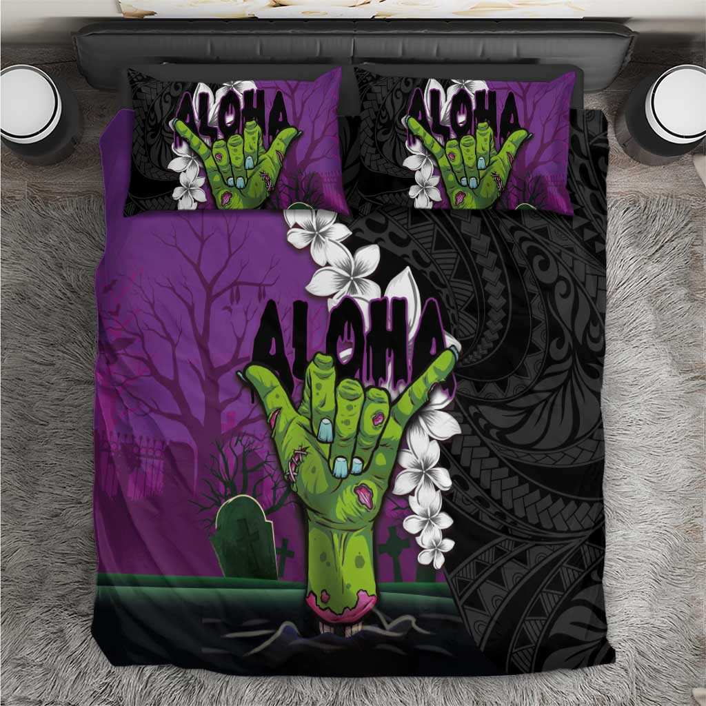 Hawaiian Halloween Bedding Set Horror Shaka Hand with Plumeria and Polynesian Tattoo Midnight Color