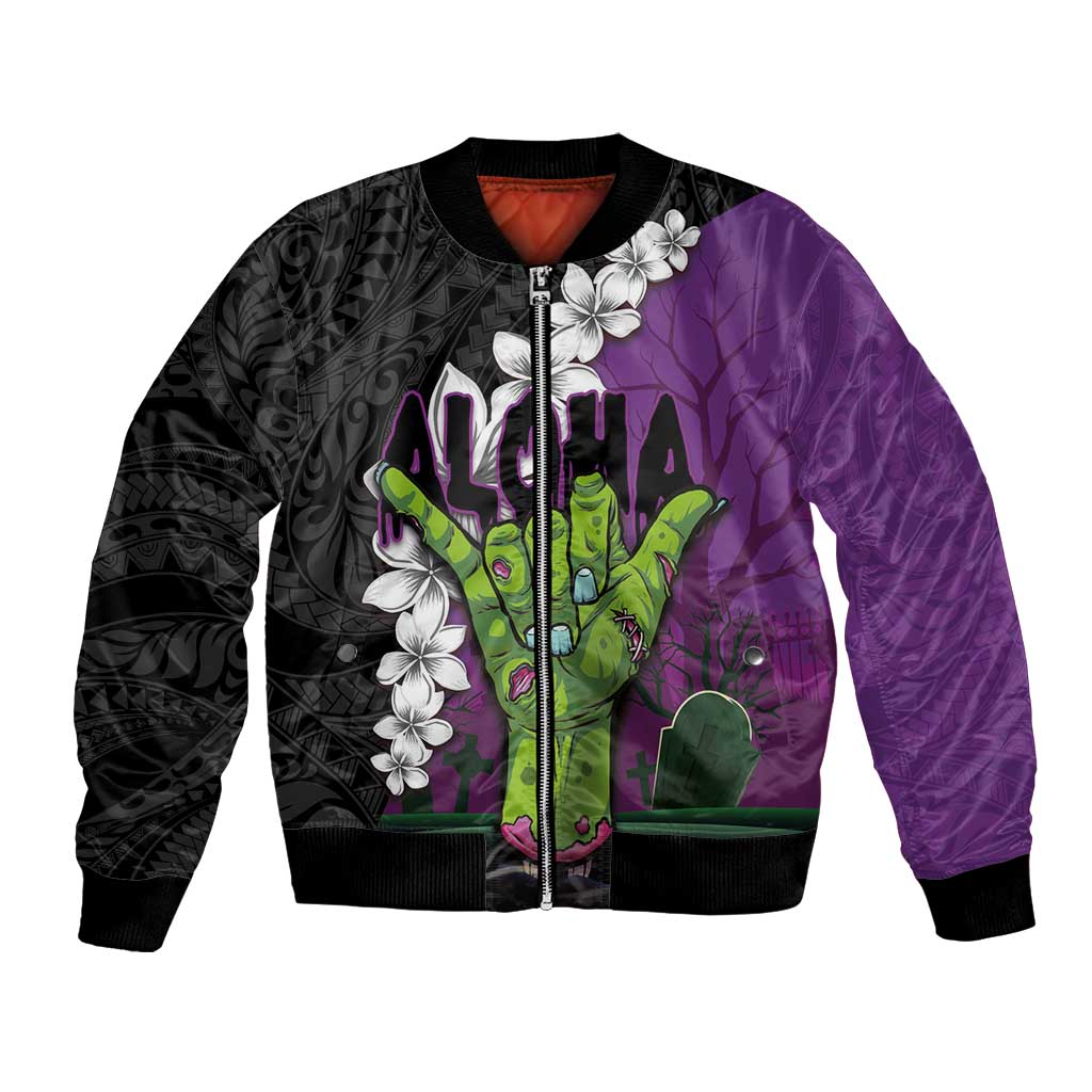 Hawaiian Halloween Bomber Jacket Horror Shaka Hand with Plumeria and Polynesian Tattoo Midnight Color LT03 Unisex Purple - Polynesian Pride
